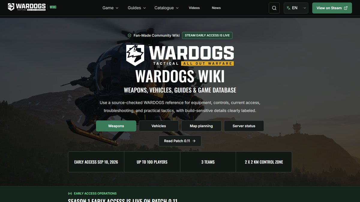 WARDOGS Wiki 英文首页首屏，展示武器、载具、攻略与游戏资料库入口